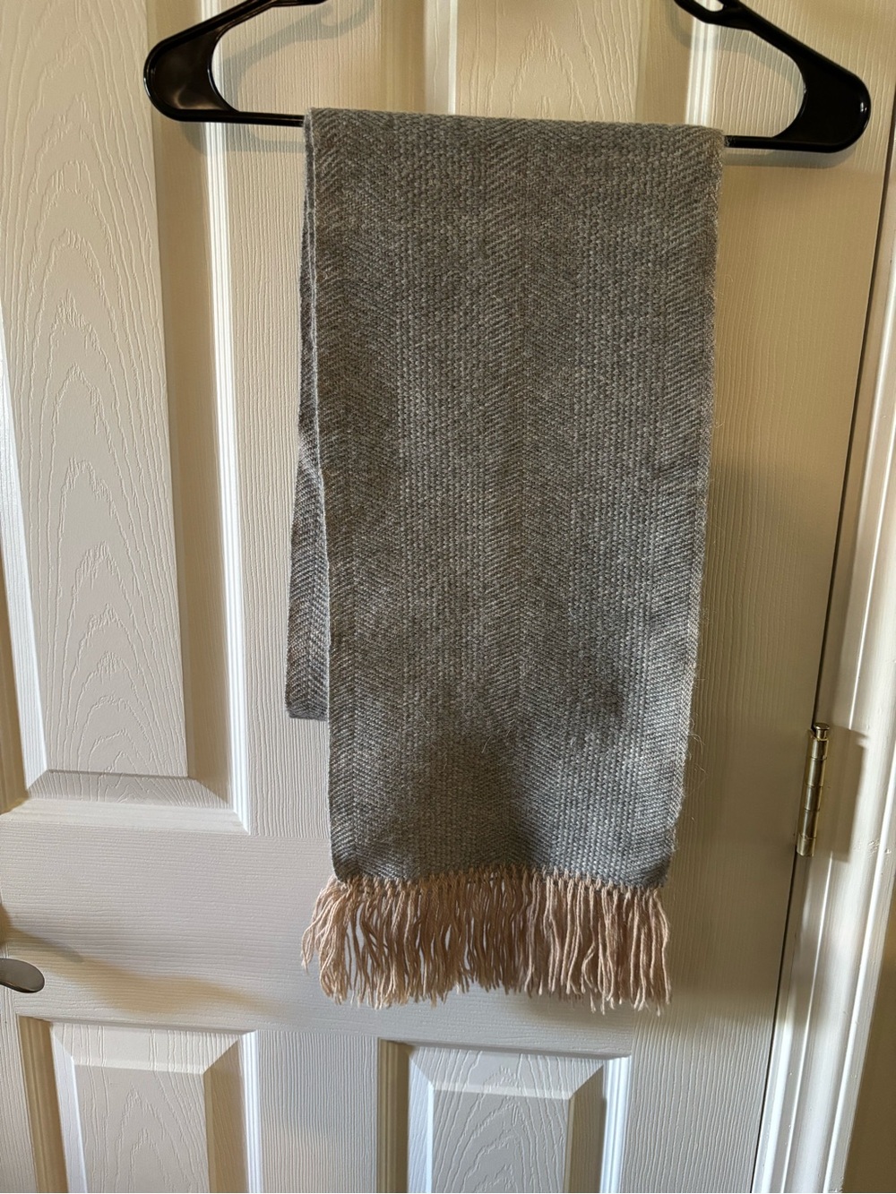 Grey & tan hand woven fringed cashmere & wool scarf 68 x 9 1/2 in